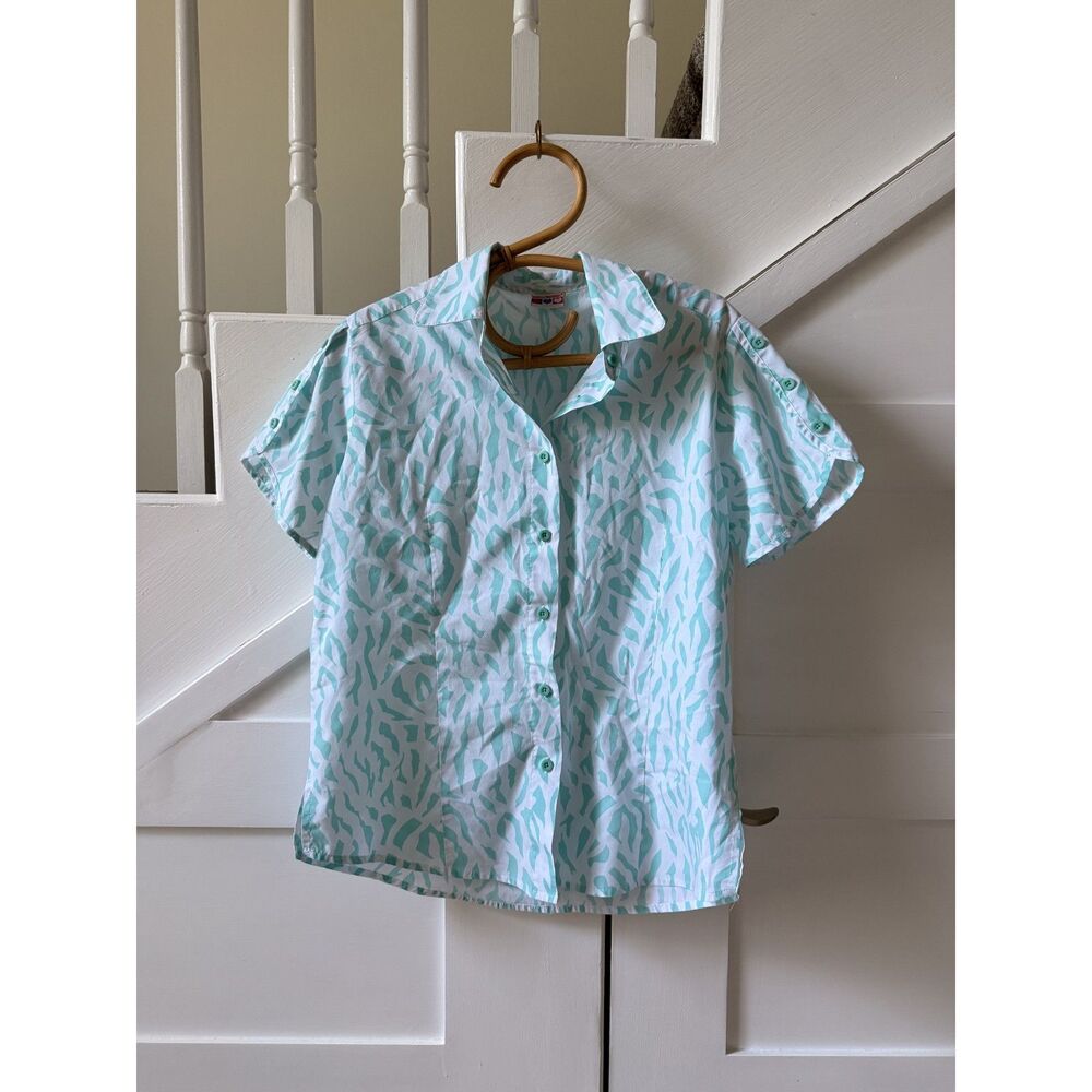Vintage American Sweetheart Aqua Animal Print Button-Up Blouse